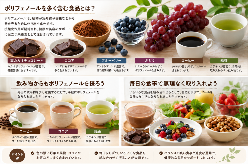 ポリフェノールを多く含む食べ物（ブルーベリー・カカオ・緑茶・ぶどう・ナッツ）のイメージ　記事のまとめ部分で使用する画像です。ポリフェノールを含む食品を毎日の食事に取り入れることの大切さを表現しています。