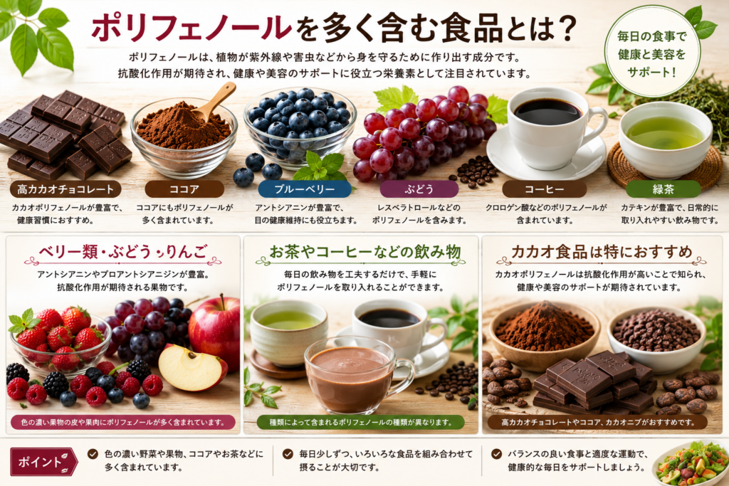 ポリフェノールを豊富に含む食品ランキングのイメージ ランキング紹介の前に掲載するイメージ画像です。ポリフェノールを多く含む代表的な食品をまとめています。