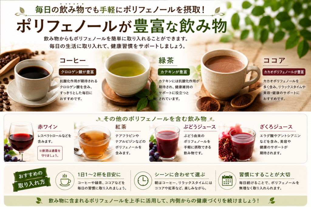 ポリフェノールを含む食品をバランスよく取り入れた健康的な食生活のイメージ 記事のまとめ部分で使用する画像です。ポリフェノールを含む食品を毎日の食事に取り入れることの大切さを表現しています。