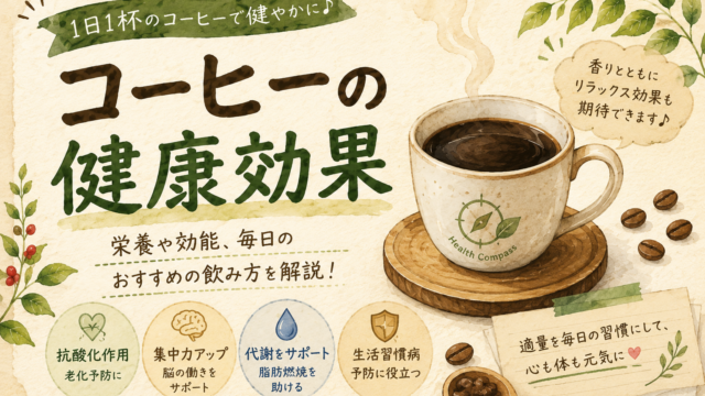 コーヒーの健康効果を紹介するイメージ画像。香り豊かなコーヒーカップとコーヒー豆を配置したナチュラルなデザイン